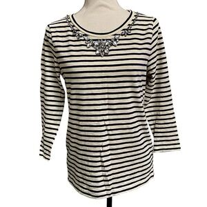 J.Crew Factory Striped Jeweled Neck Top Navy Cream Cotton 3/4 Sleeve Sz Small